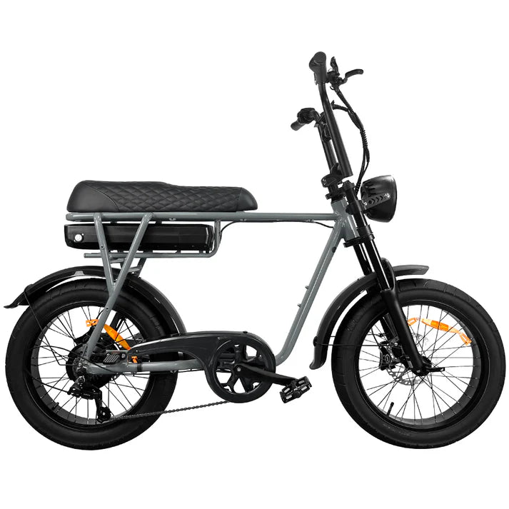 Gray electric bike with black seat on a white background