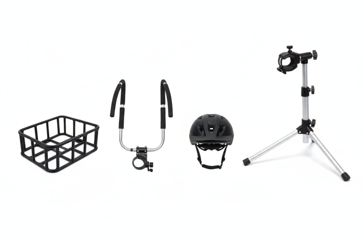 Four bike accessories on white background
