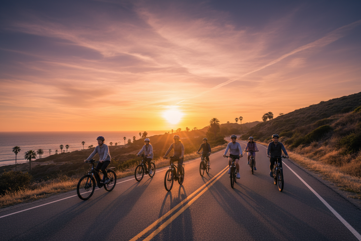 People riding e-bikes into California sunset